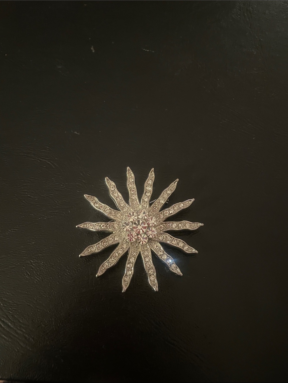 Crystal Sunburst Brooch Pin - Silver Tone